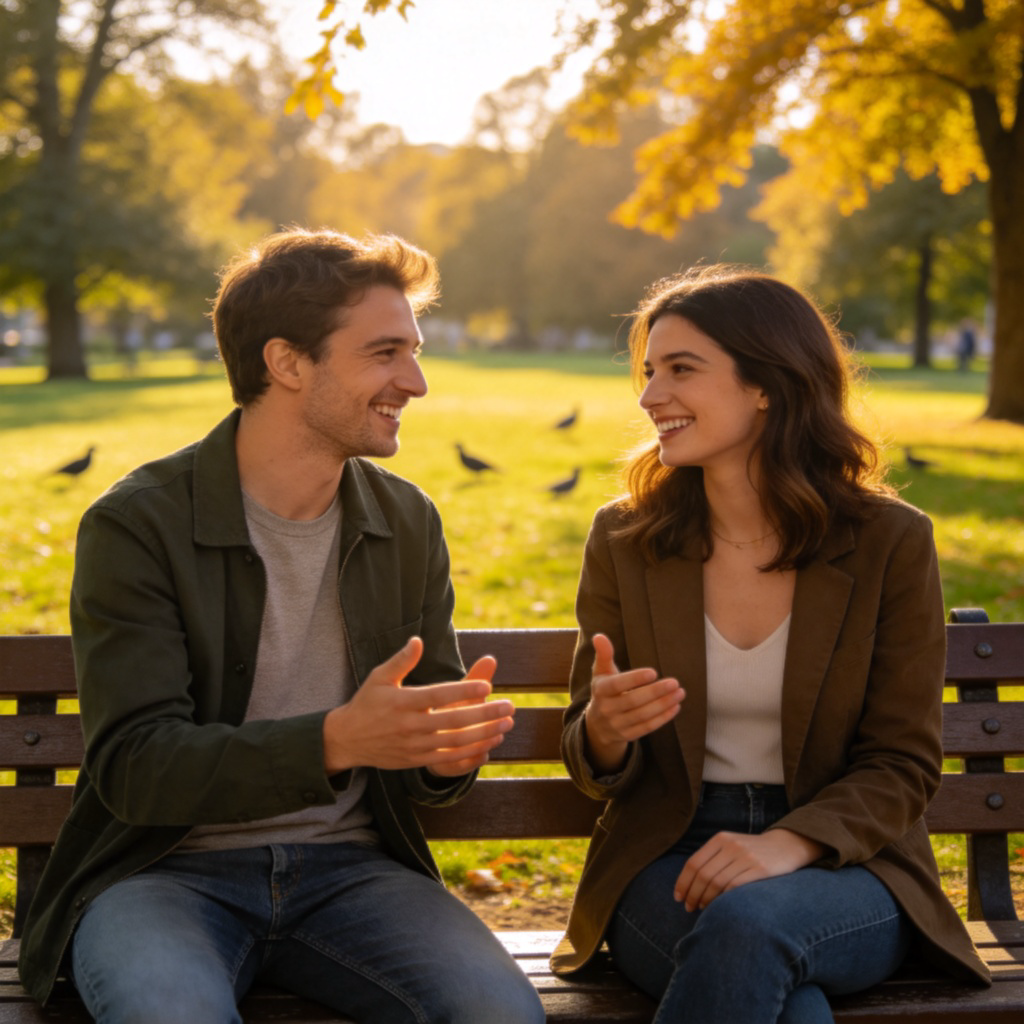 Two people having a casual conversation on a park bench, smiling and making relaxed hand gestures. They are dressed casually, and the surrounding park is sunny and peaceful. The focus is on their friendly, unposed interaction. Photorealistic style.
