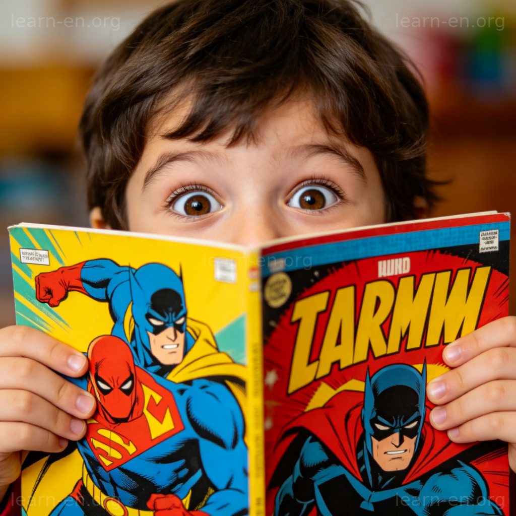 Child holding comic book with superheroes on cover