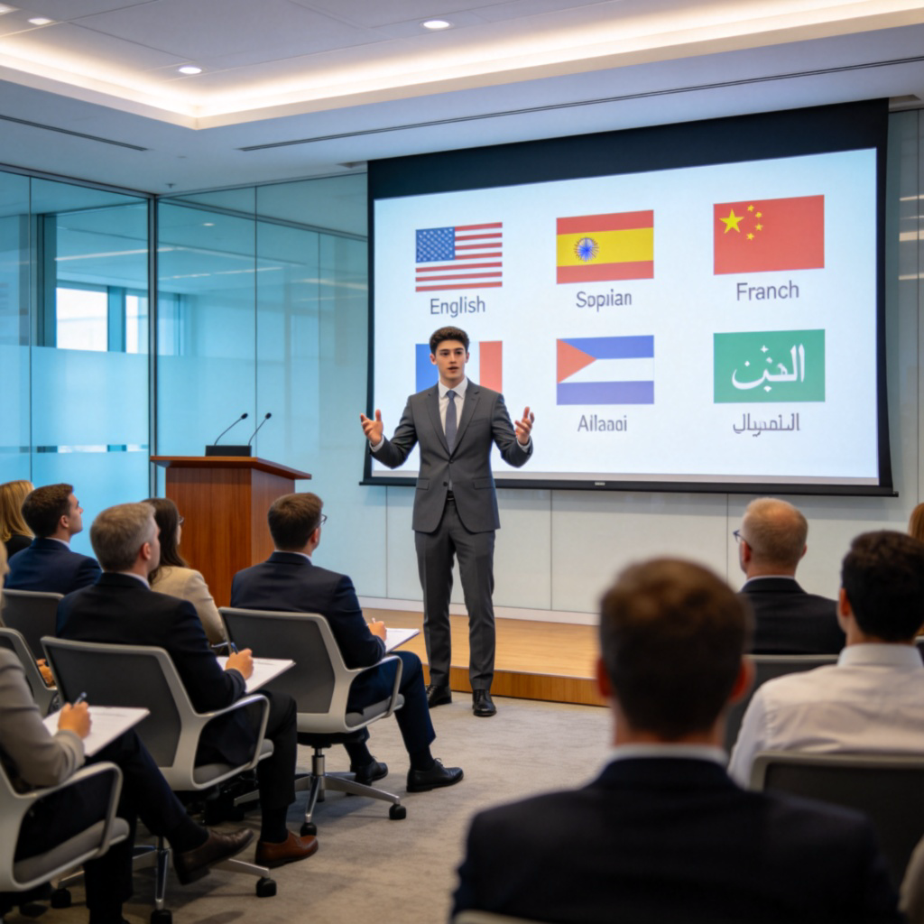 A confident young professional speaking eloquently at a conference, with a presentation screen showing multiple language flags behind them. The audience is engaged. Modern conference room setting, bright lighting. No text.