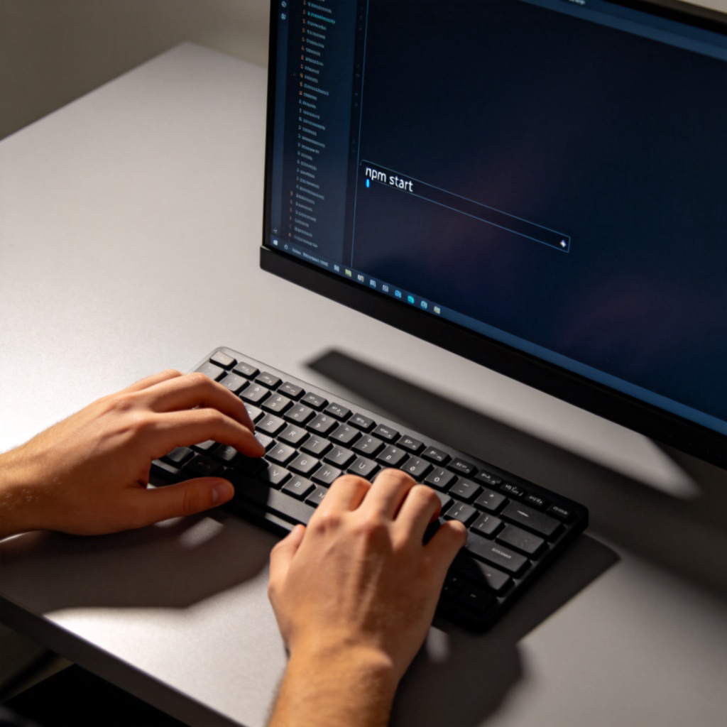A close-up view of a programmer's hands on a keyboard, with a computer screen showing a dark terminal window and a blinking cursor next to a typed command like 'npm start'. Clean desk, focused lighting on the screen and hands. No text on the screen besides the command example.