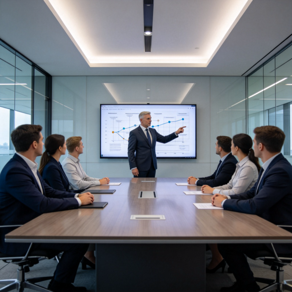 A composed leader standing at the head of a modern boardroom table, pointing at a strategy chart on a screen while other team members listen attentively. The leader's posture suggests authority and control. Professional office environment. No text.