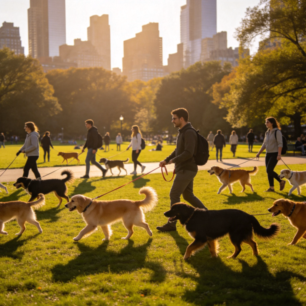 A city park scene in the afternoon, many people are walking their dogs. Different breeds of dogs are on leashes, showing this is an everyday, typical activity. Wide shot, sunny day, green grass, clear focus on the people and dogs. No text or logos.
