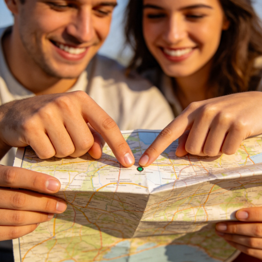 Two people, one holding a map and the other pointing at a spot on it. They are smiling and looking at the same destination, showing a shared purpose. Close-up on their hands and the map, warm daylight, simple background. No text.