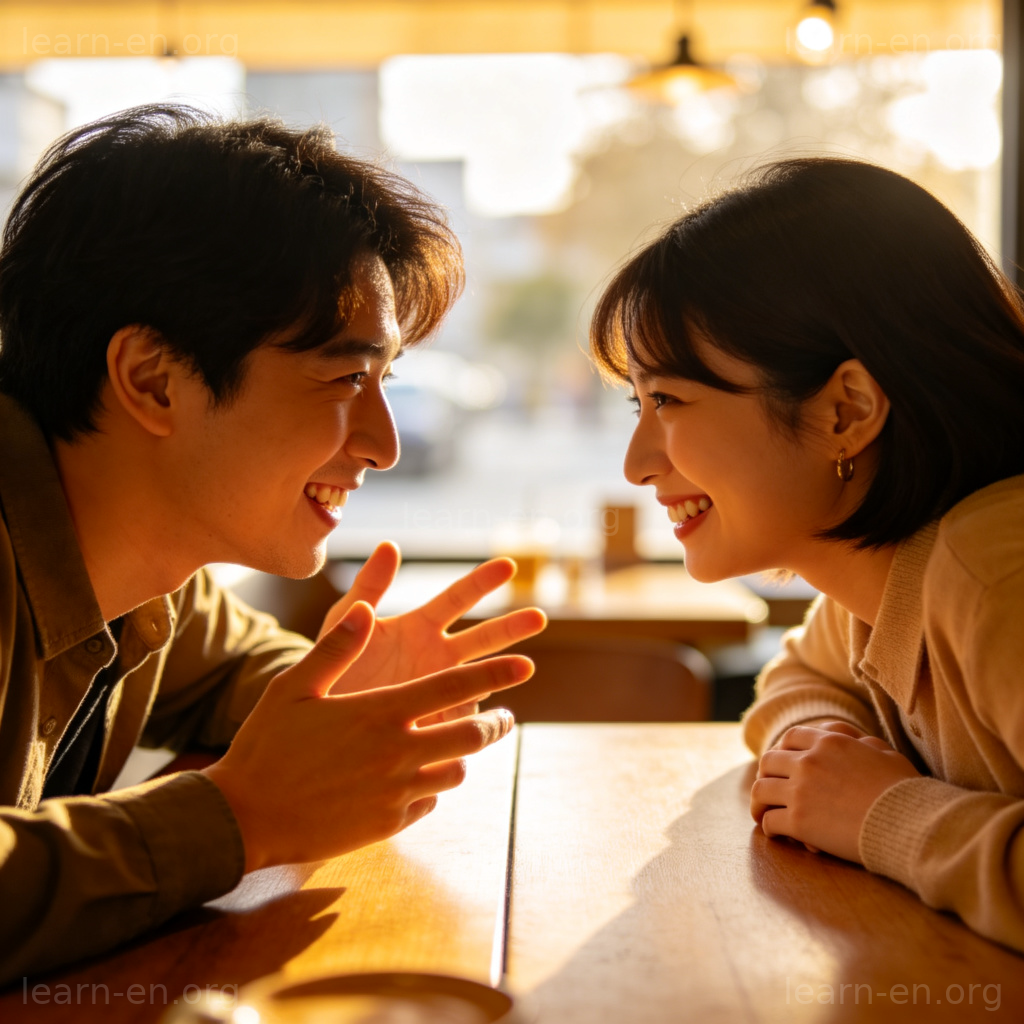 Communication example: two people having a friendly conversation at a cafe