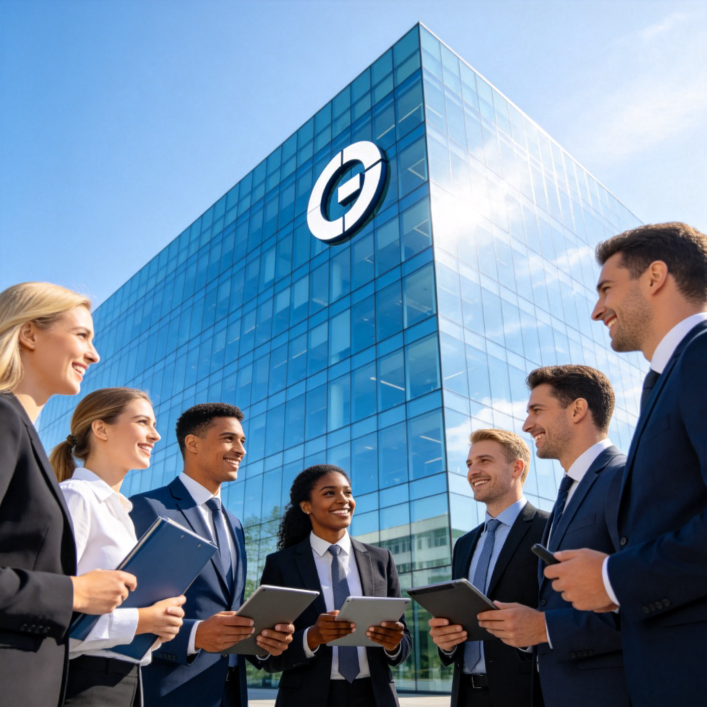 A modern glass office building with a clear logo on its facade, reflecting the sky. In the foreground, a group of diverse professionals in business attire are smiling and talking, holding folders or tablets. Daylight, clean and professional atmosphere. No text.