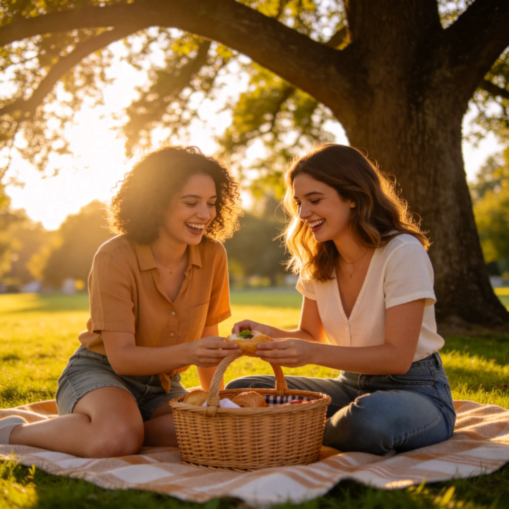Two friends sitting on a park blanket, laughing and sharing food from a picnic basket. They are under a tree on a sunny day. The focus is on their happy interaction and closeness. Warm, natural lighting. No text.