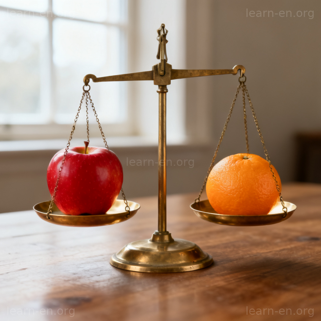 Comparative concept illustrated with a balance scale comparing an apple and an orange.