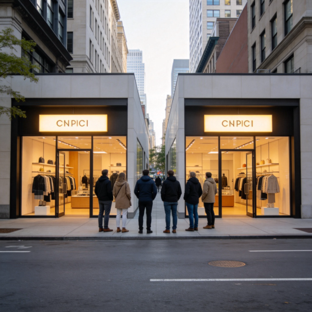 Two modern retail stores with bright signs standing directly across from each other on a city street. One store has a sign reading 'Coffee A', the other 'Coffee B'. A few people are looking at both stores, as if deciding which one to enter. Daylight, clear and realistic style. No text within the scene.