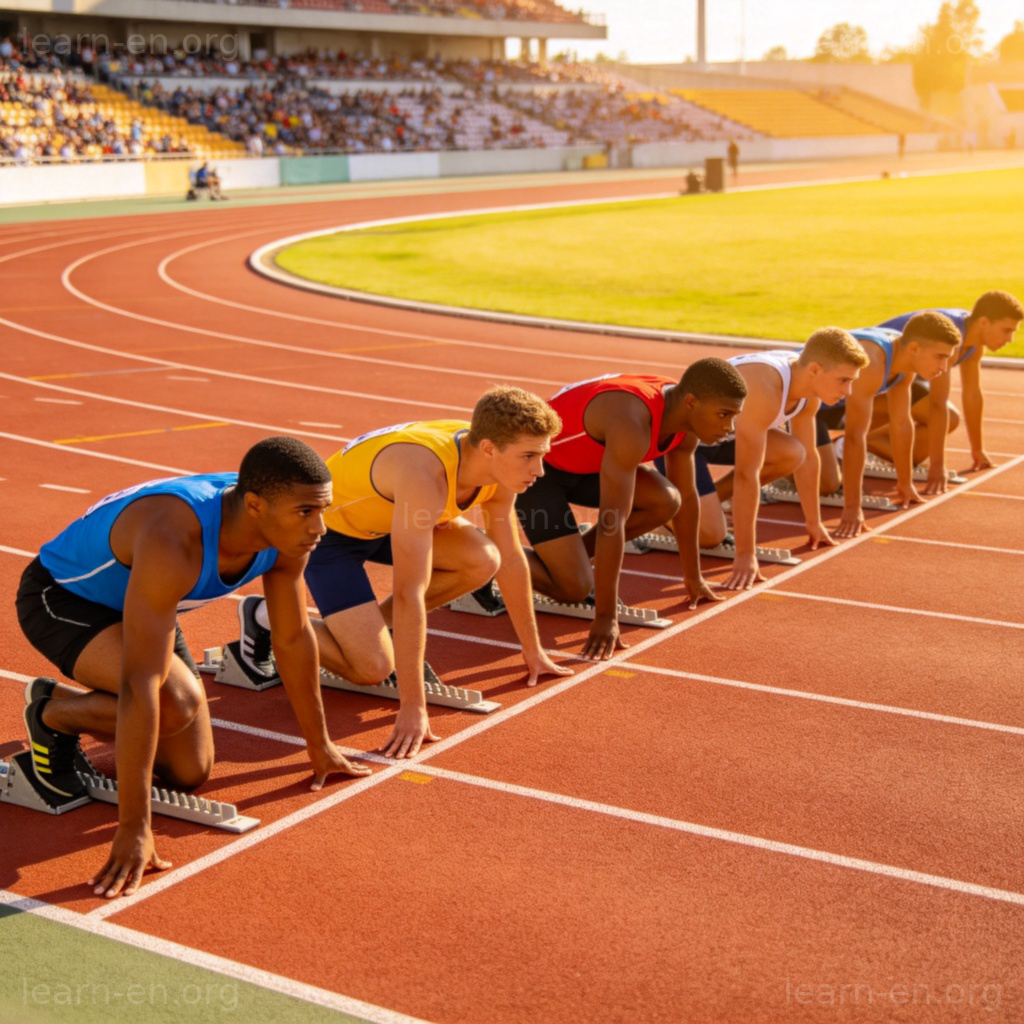 Eight athletes in different colored running singlets and shorts are lined up at the starting blocks of a running track. They are in a focused, ready position, looking ahead. The scene is on a bright sunny day at a sports stadium, with a clear view of the lanes. Realistic photograph style.