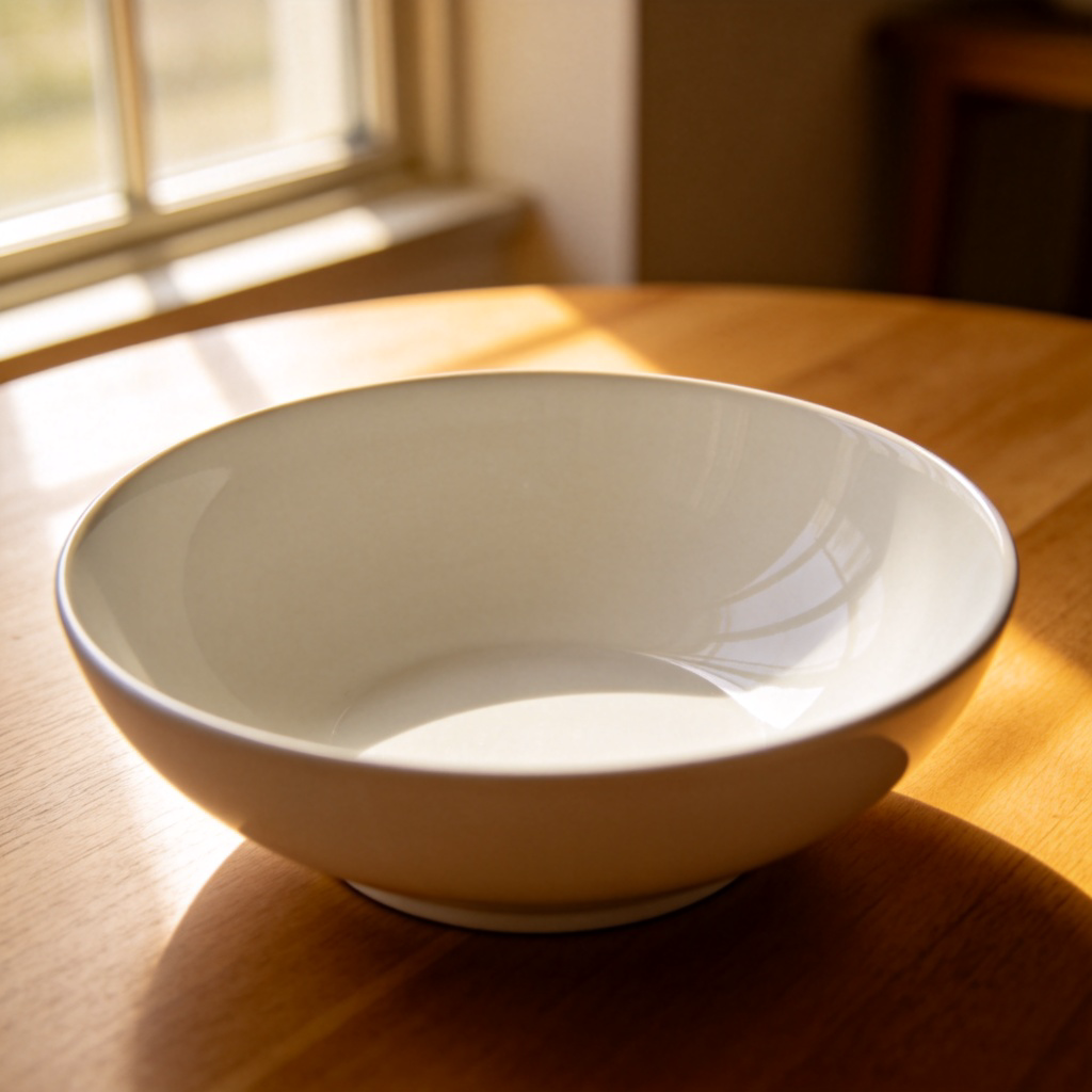 A wide, shallow white ceramic bowl, empty and clean, sitting on a wooden table. The bowl is licked clean, with absolutely no food residue left. Sunlight from a window highlights the smooth, empty interior. The image conveys a sense of total emptiness and completion.