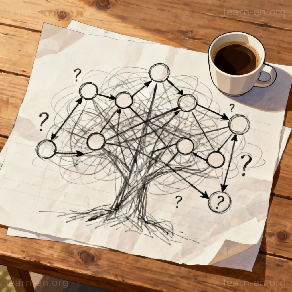 Complicated relationships visualized through a messy, intricate family tree diagram on paper.