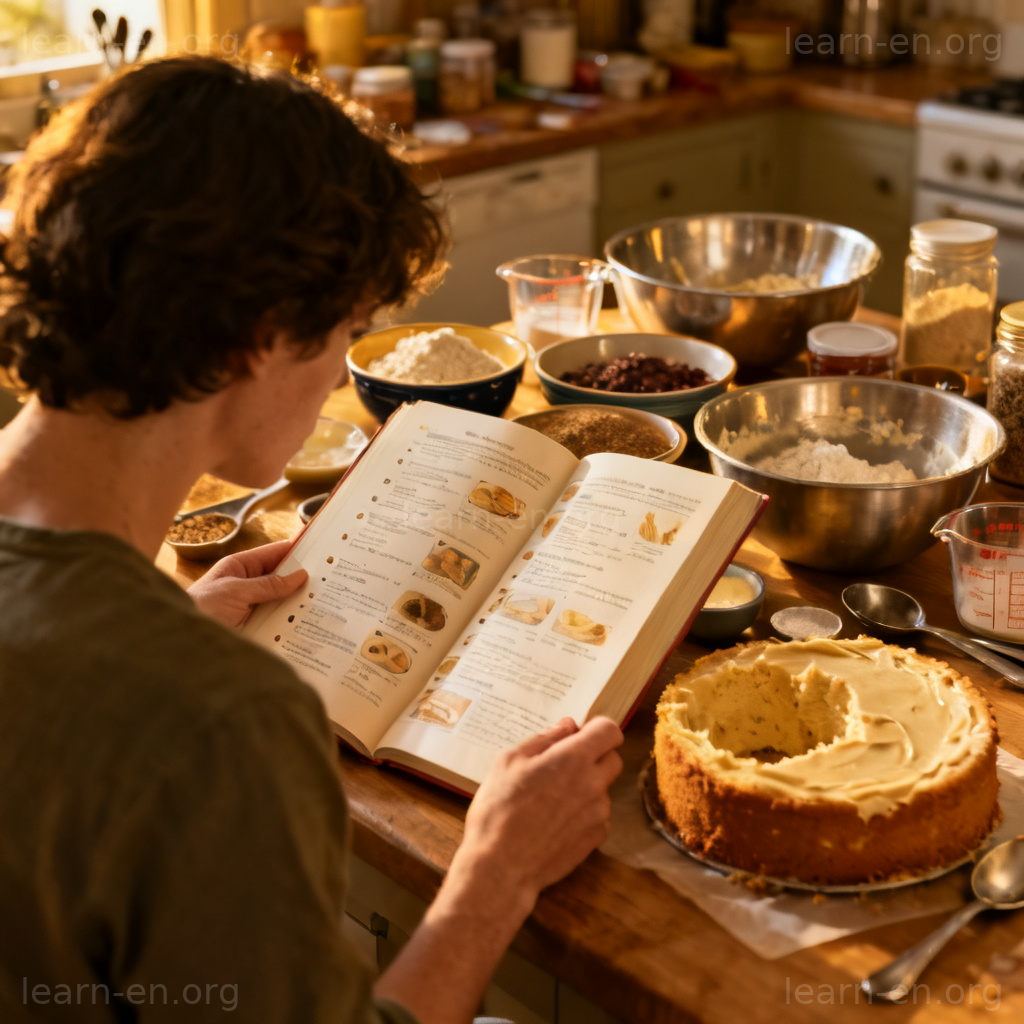 Complicated process shown by a cook surrounded by many recipe steps and kitchen utensils.
