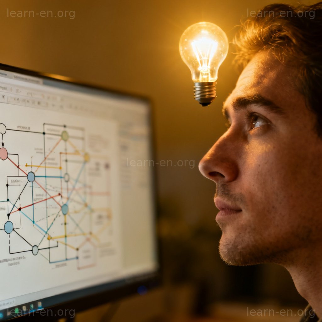 Comprehension as mental grasp shown by a lightbulb moment over a complex diagram.