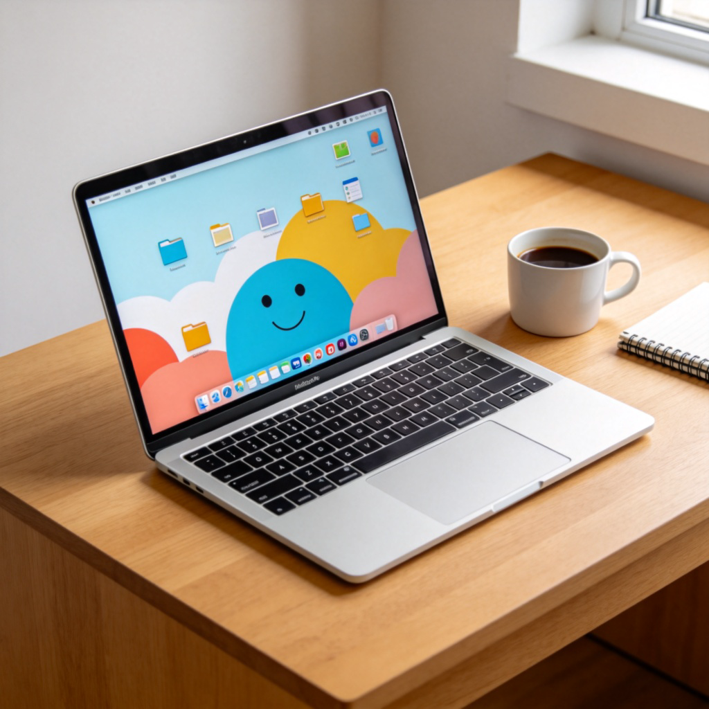 A modern, silver laptop computer is open on a wooden desk, its screen showing a colorful and friendly desktop wallpaper with some folder icons. A cup of coffee and a notebook are beside it. The lighting is bright and natural, focusing clearly on the laptop. No text or logos are visible.