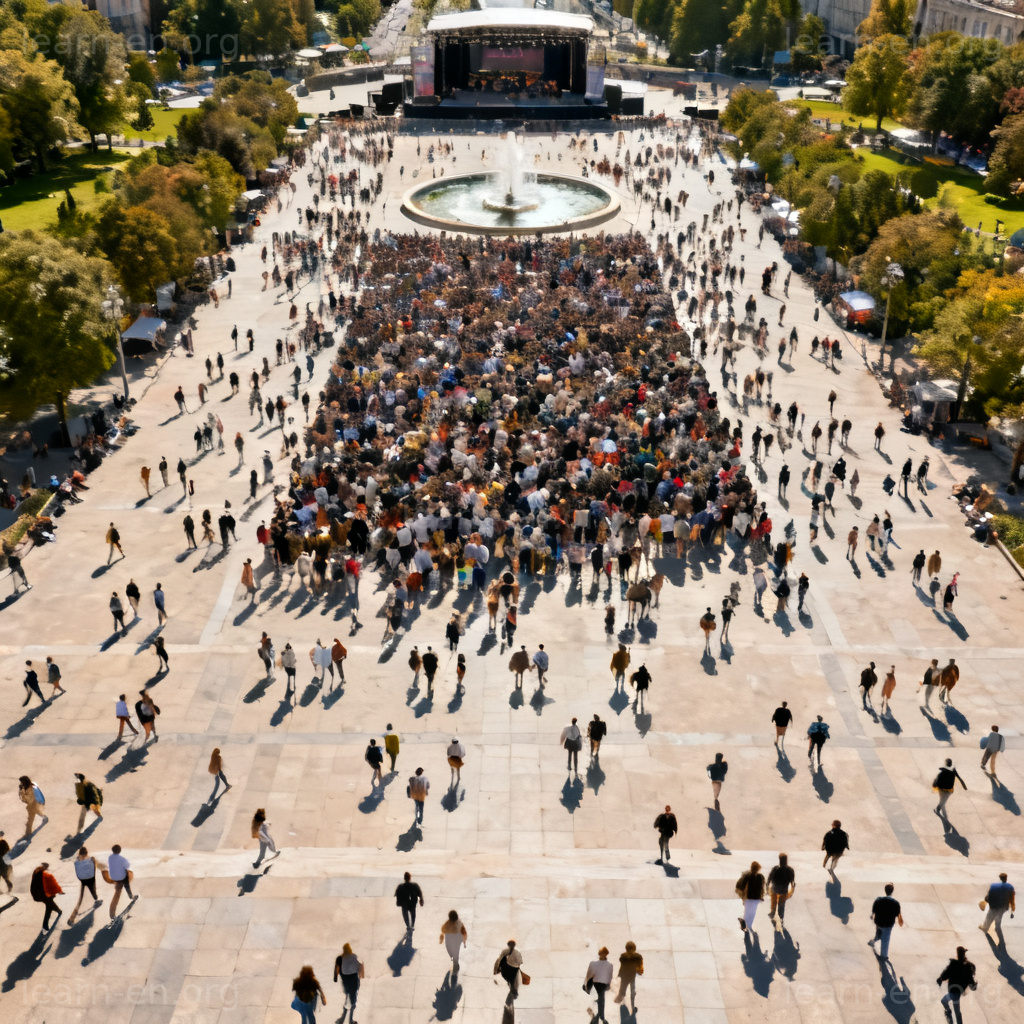 Aerial photo showing a large crowd concentrated in a city square, illustrating the concept of gathering densely.