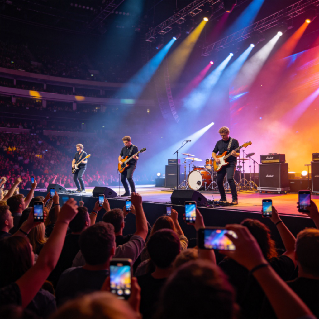 A vibrant concert scene in a large indoor arena, with a popular band performing on stage under dynamic colorful lights. The musicians are playing electric guitars and drums, and the audience is cheering and holding up phones. Shot from the crowd's perspective, emphasizing energy and excitement, photorealistic style with no text.