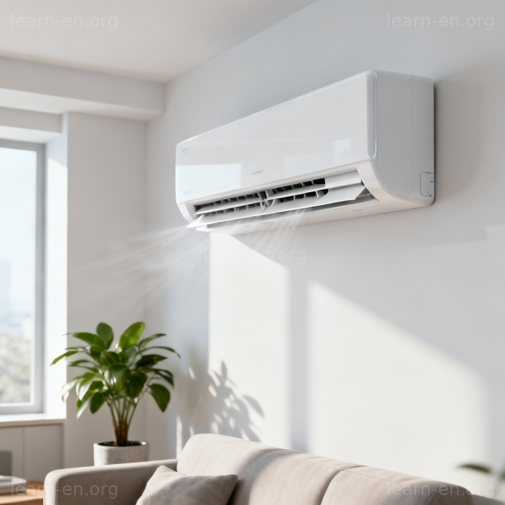 Conditioner definition: a white wall-mounted air conditioner unit in a modern living room.