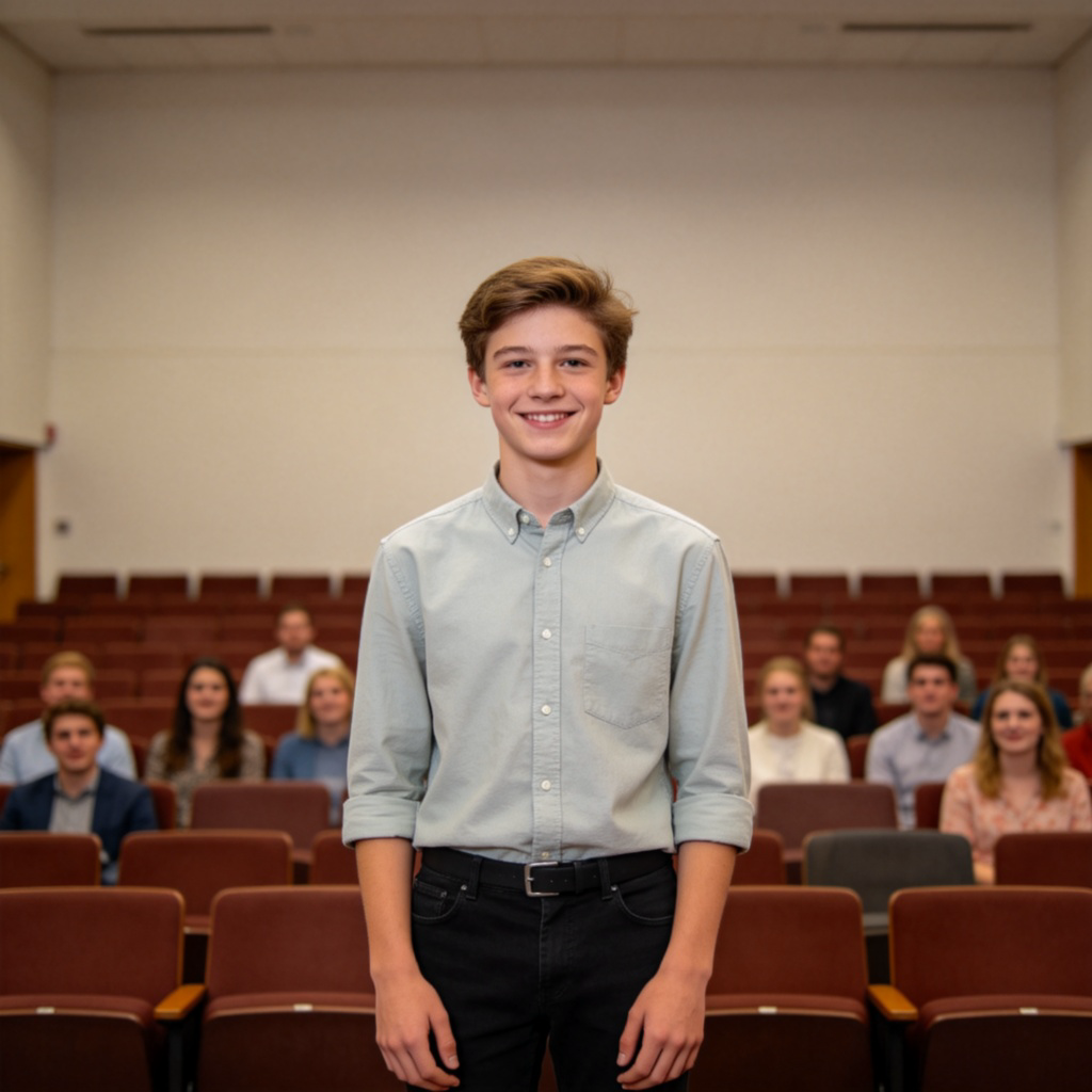 A young person standing confidently in front of a small audience, smiling with good posture and hands resting comfortably. They are making eye contact. The background is a plain auditorium or classroom. Natural lighting, clear focus on the person's expression and posture. No text.