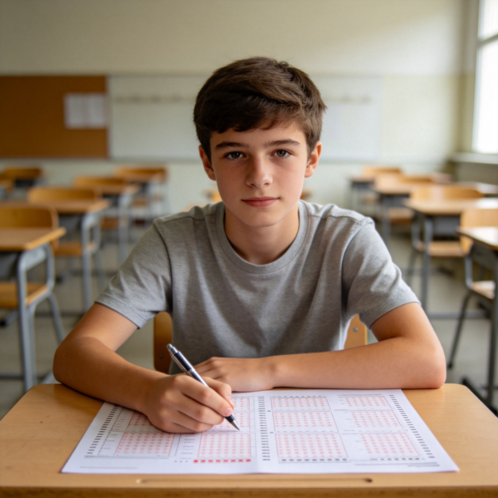 A student at a school desk, putting down their pen with a calm, certain expression after finishing a test paper. The paper is on the desk. The background is a typical quiet examination hall. Natural lighting, focus on the student's face and the completed test. No text.