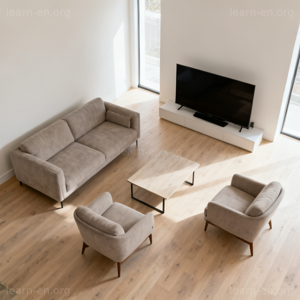 Configuration illustration of a modern living room furniture layout and arrangement.