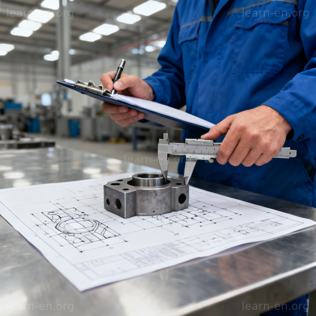 Conformity to standards shown by an inspector matching a part to a blueprint.