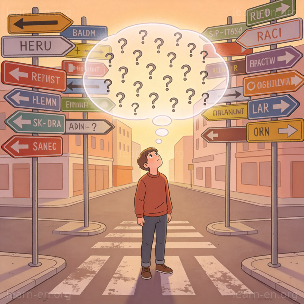 Confused 含义图解：站在混乱路标前充满问号的困惑者