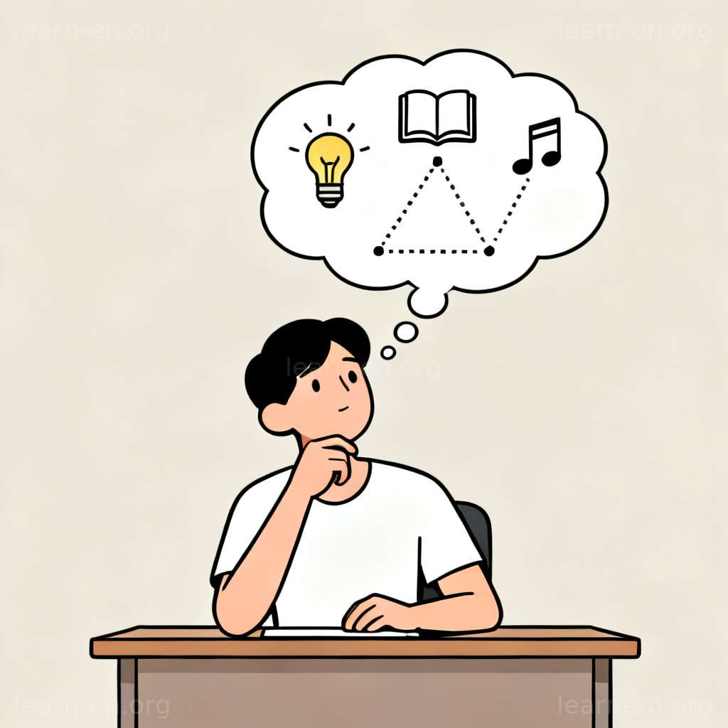 Thought bubble with light bulb, book, and musical note linked by dotted lines