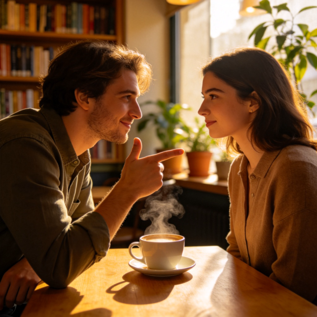 Two people having a conversation in a cozy cafe. One person is pointing towards the other with a look of admiration and respect on their face. The scene visually represents one person 'considering' the other to be an expert or leader. Warm lighting, clear expressions. No text.