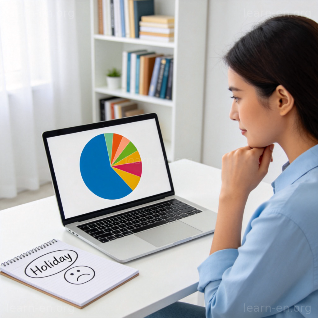 A person looking thoughtfully at a colorful budget pie chart on a laptop screen, with one large section marked 'Rent' taking up most of the space. On a notepad next to the laptop, the word 'Holiday' is circled with a sad face. Clean, bright home office setting. No text on the chart.