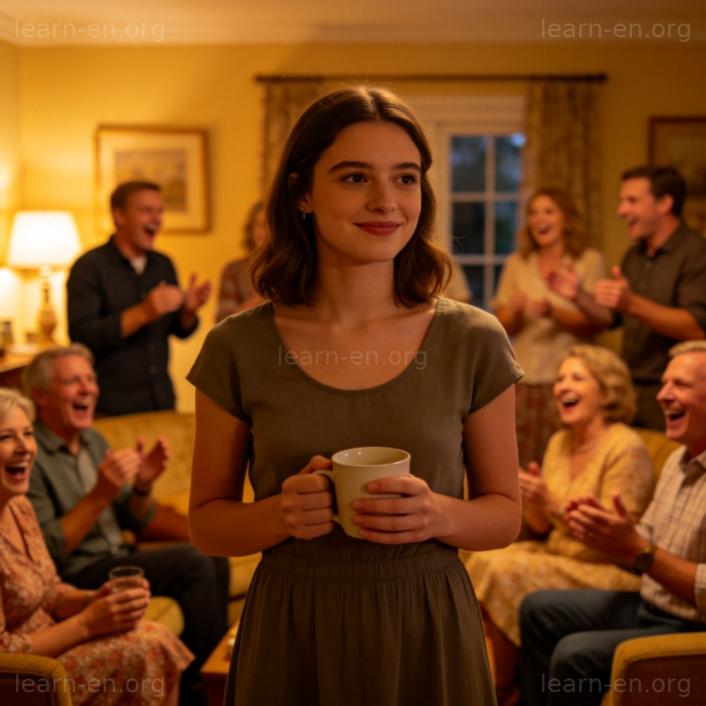 A young woman standing slightly apart at a lively family gathering, holding a cup, with a polite but reserved smile while others laugh freely around her. Warm indoor lighting, contrast between her posture and the relaxed group. Focus on her expression and body language.