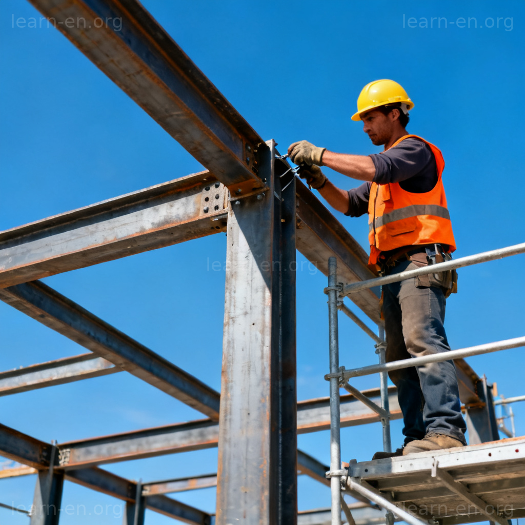 Construct meaning illustrated by a worker building a steel structure.