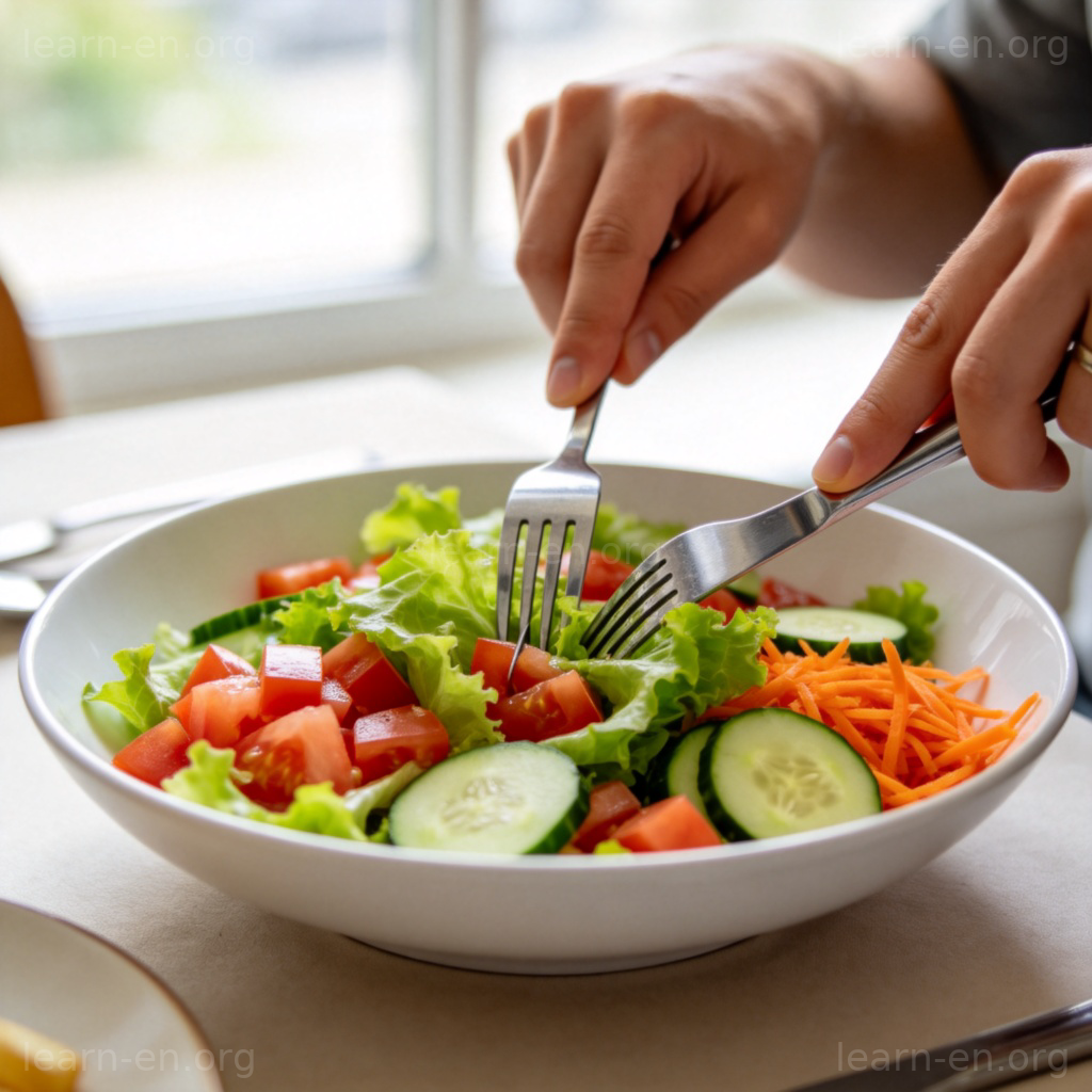 consume 吃喝含义图解：正在享用健康沙拉
