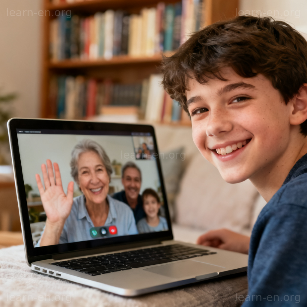 Contact meaning illustrated by a video call between family members on a laptop.