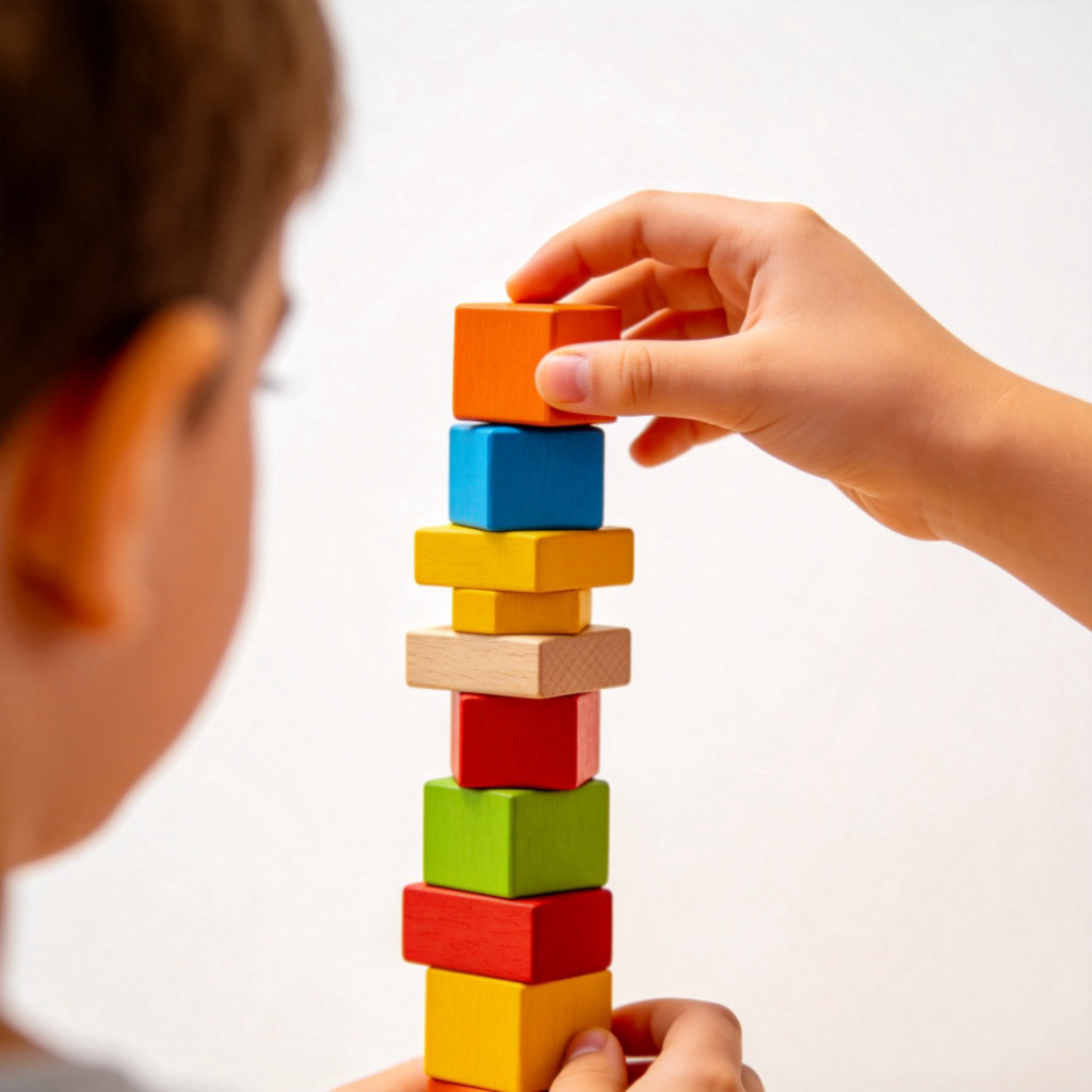 A close-up side view of a child's hands building a tall tower with colorful wooden blocks, placing one block on top of another in a smooth, uninterrupted motion. Bright, cheerful lighting, focus on the connection between the hands and the blocks. Plain background. No text.