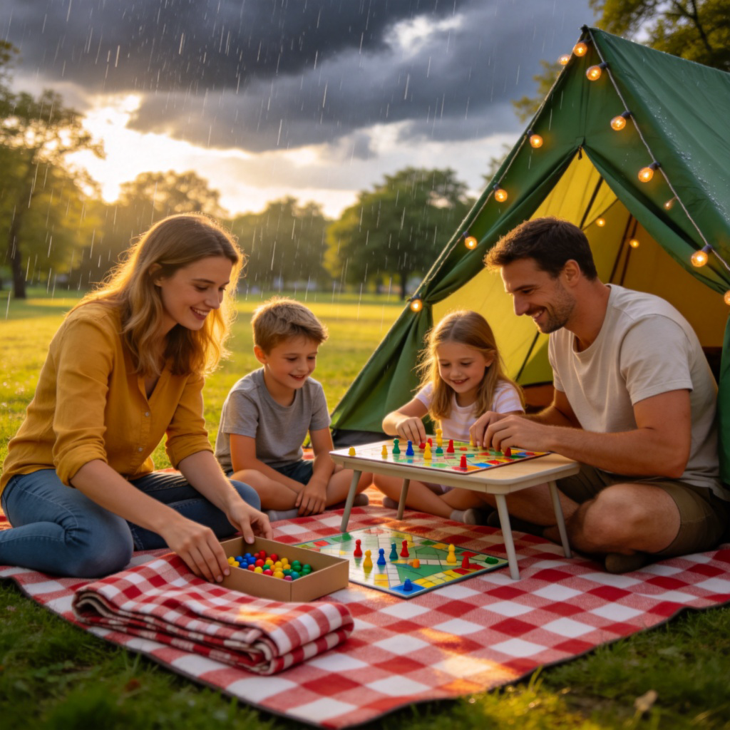 A family sitting on a picnic blanket in a park, with a board game set up between them. A sudden rain shower starts, and they are shown packing up the game. In the next visual sequence (implied by action), they are inside a cozy tent, setting the same game board back up with smiles. Bright natural light turning to softer indoor light. No text.