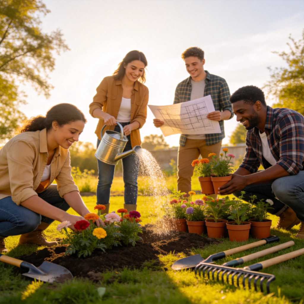 A diverse group of five people smiling and working together to build a small community garden. One is planting, another is watering, and a third is holding a blueprint. They are outdoors on a sunny day, with simple gardening tools visible. The focus is on their collaborative action and shared goal.