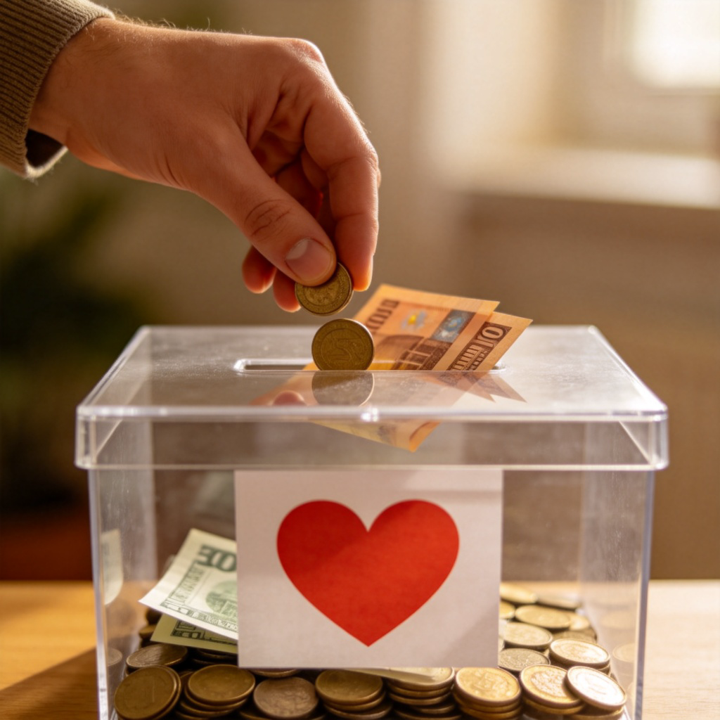 A close-up of a person's hand dropping coins and a few paper banknotes into a transparent donation box labeled with a heart symbol. The background is softly blurred, focusing on the act of giving money. The lighting is warm and gentle.