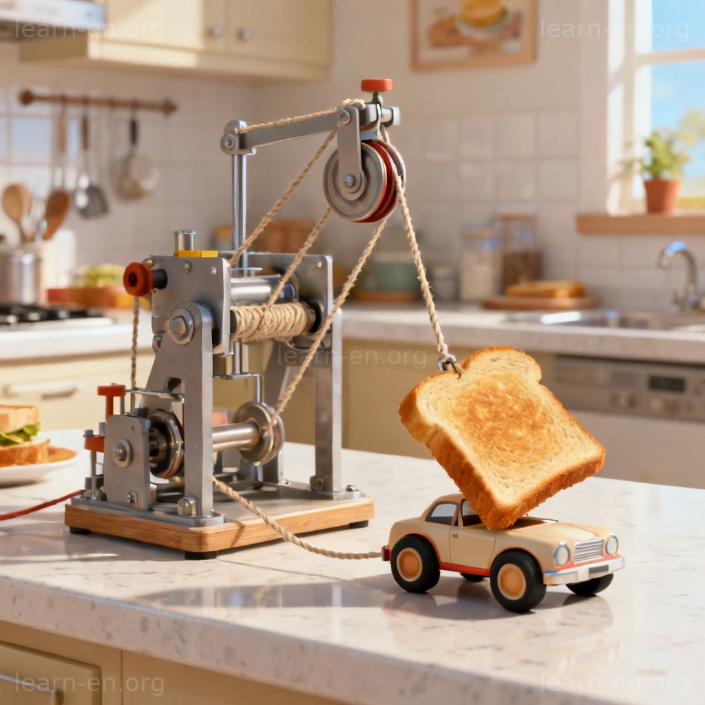 Contrived concept shown through an overly elaborate and impractical homemade breakfast machine.