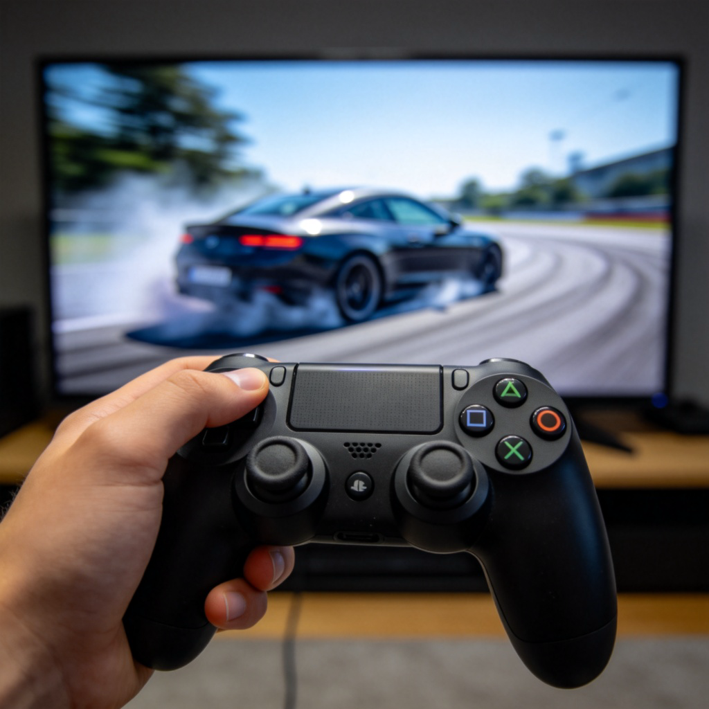 A person's hand holding a video game controller or a TV remote, with a clear focus on the buttons and joystick. In the background, a screen shows a car or a character responding to the input. Simple, clean background, sharp focus on the interaction between hand and device. No text.