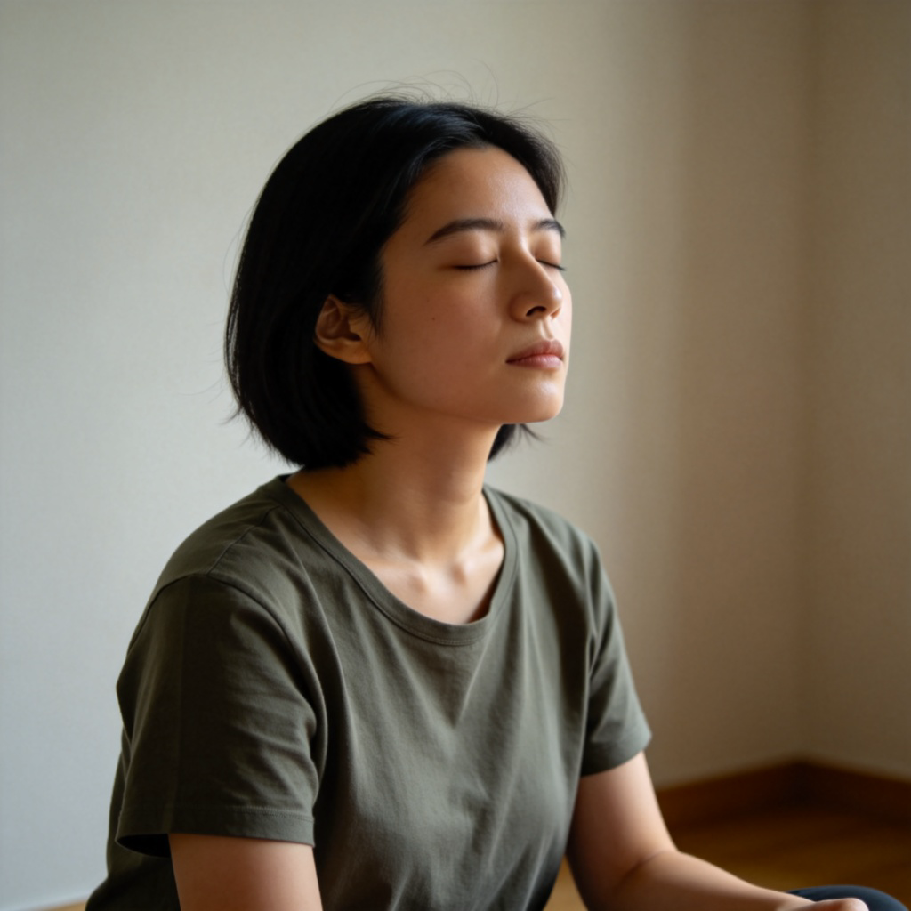 A person taking a deep breath with eyes closed, hands placed calmly on their lap, sitting in a quiet room. The expression is calm and determined, symbolizing managing emotions. Soft lighting, plain background. No text.