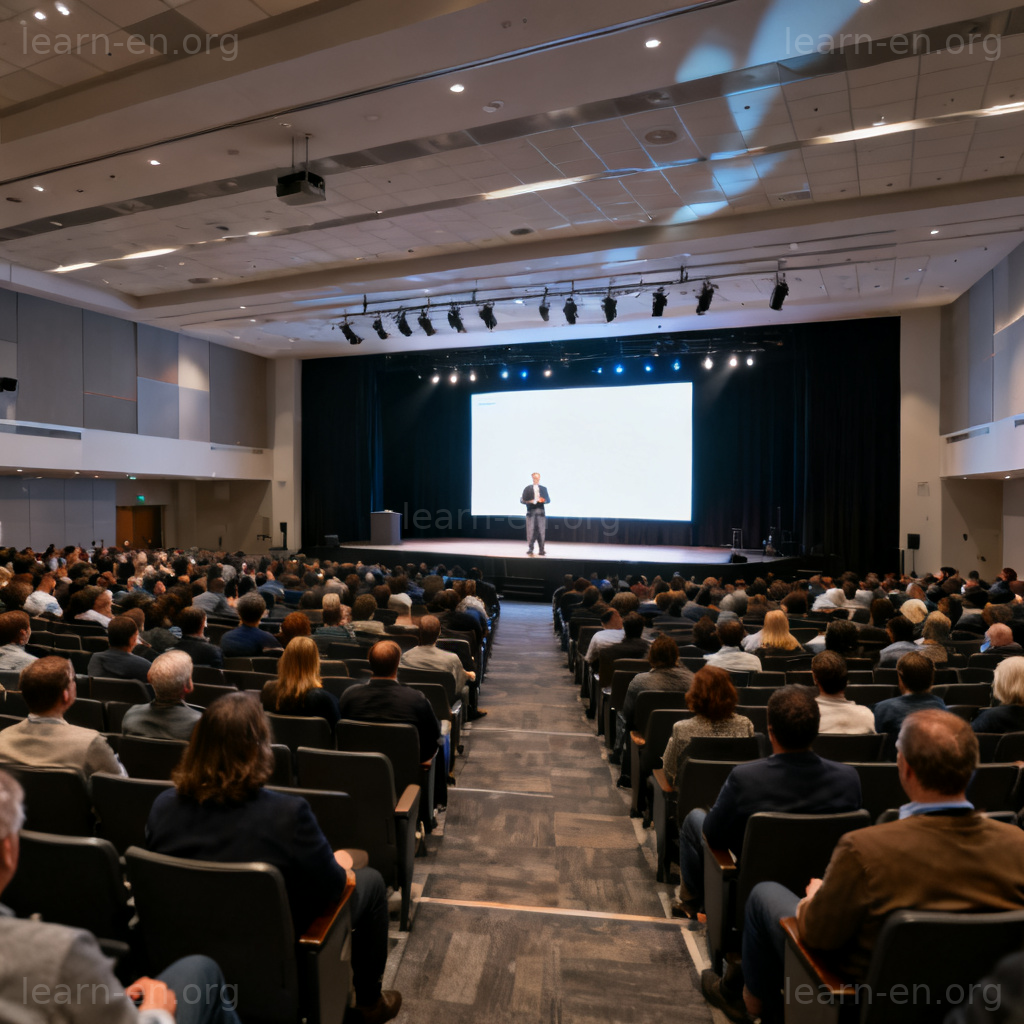 Convention as a large formal meeting in a modern auditorium with attendees listening to a speaker.