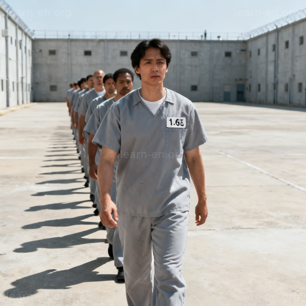 Convict in prison uniform walking in yard