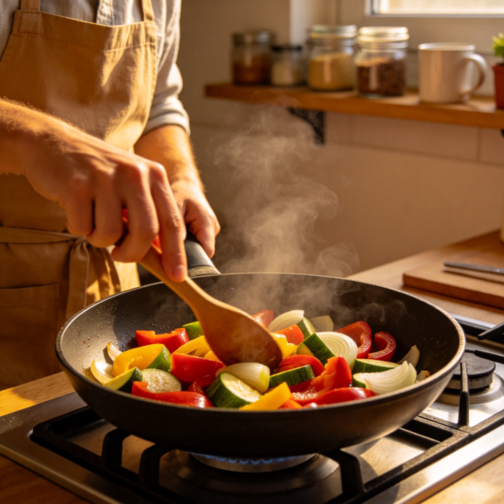 A person in a cozy home kitchen, wearing an apron and actively stirring a sizzling pan on the stove with colorful vegetables. Warm lighting, focus on the hands and pan action, showing steam rising. Simple background with kitchen shelves. No text.