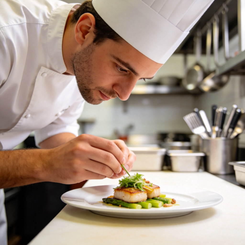 A professional cook in a clean restaurant kitchen, wearing a white uniform and hat, carefully plating a dish on a counter with kitchen utensils in the background. Bright lighting, focus on the cook's focused expression and the finished food. No text.