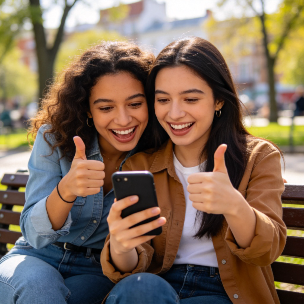 Two friends sitting on a park bench, one is looking at the other's smartphone screen with an impressed and happy smile, giving a thumbs-up gesture. The atmosphere is friendly and casual. Clear, bright lighting, focus on their expressions and interaction. No text.