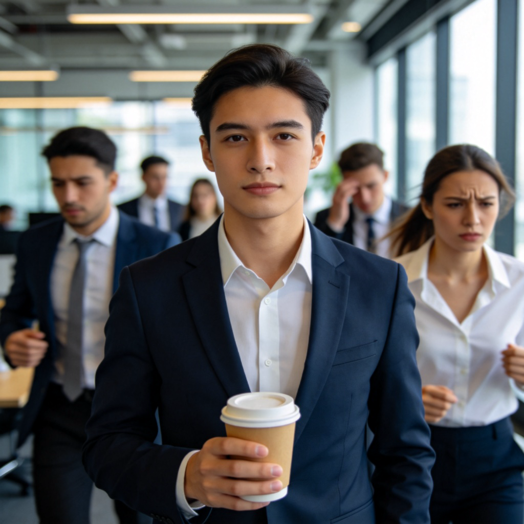 A person with a calm and relaxed expression standing in a modern, slightly busy office environment. Others in the background look slightly stressed or rushed, but this person appears composed and in control, perhaps holding a coffee cup. Natural office lighting, focus on the calm individual.