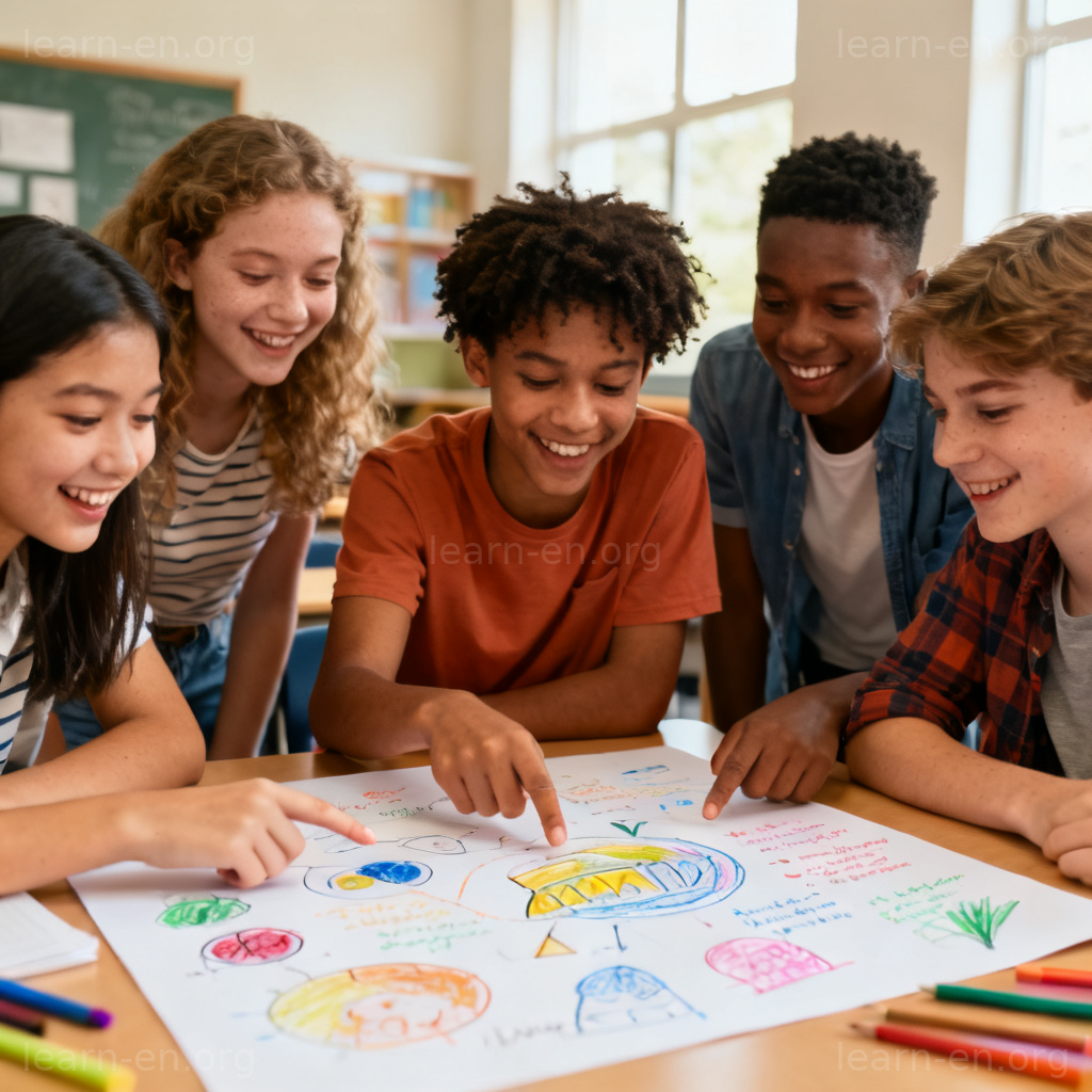 Cooperative teamwork illustrated by diverse students collaborating on a project in a classroom.