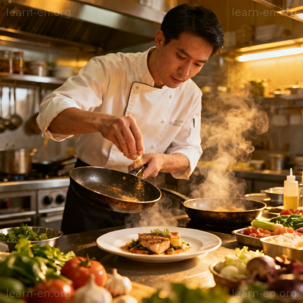 Cope meaning shown by a chef successfully handling multiple tasks in a busy kitchen.