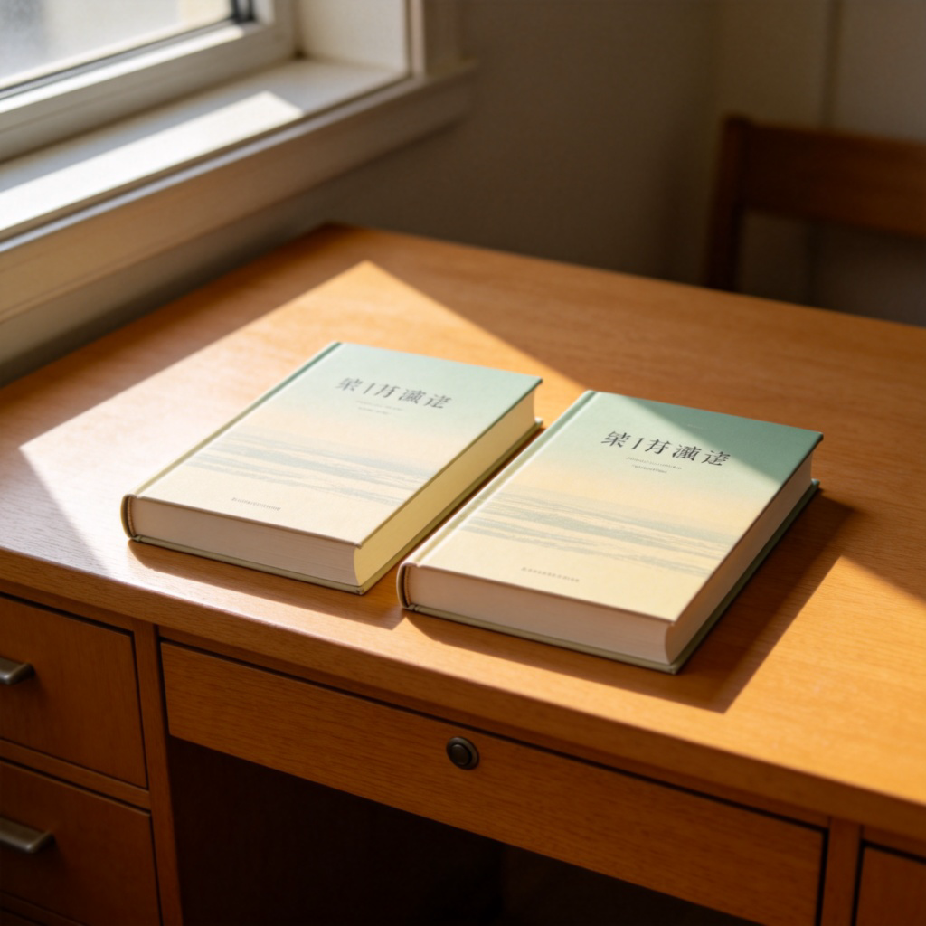 Two identical-looking paperback books placed side by side on a wooden desk. They have the same cover design, title, and color. Soft daylight from a window highlights them. The focus is on their sameness. No text on the covers is legible.