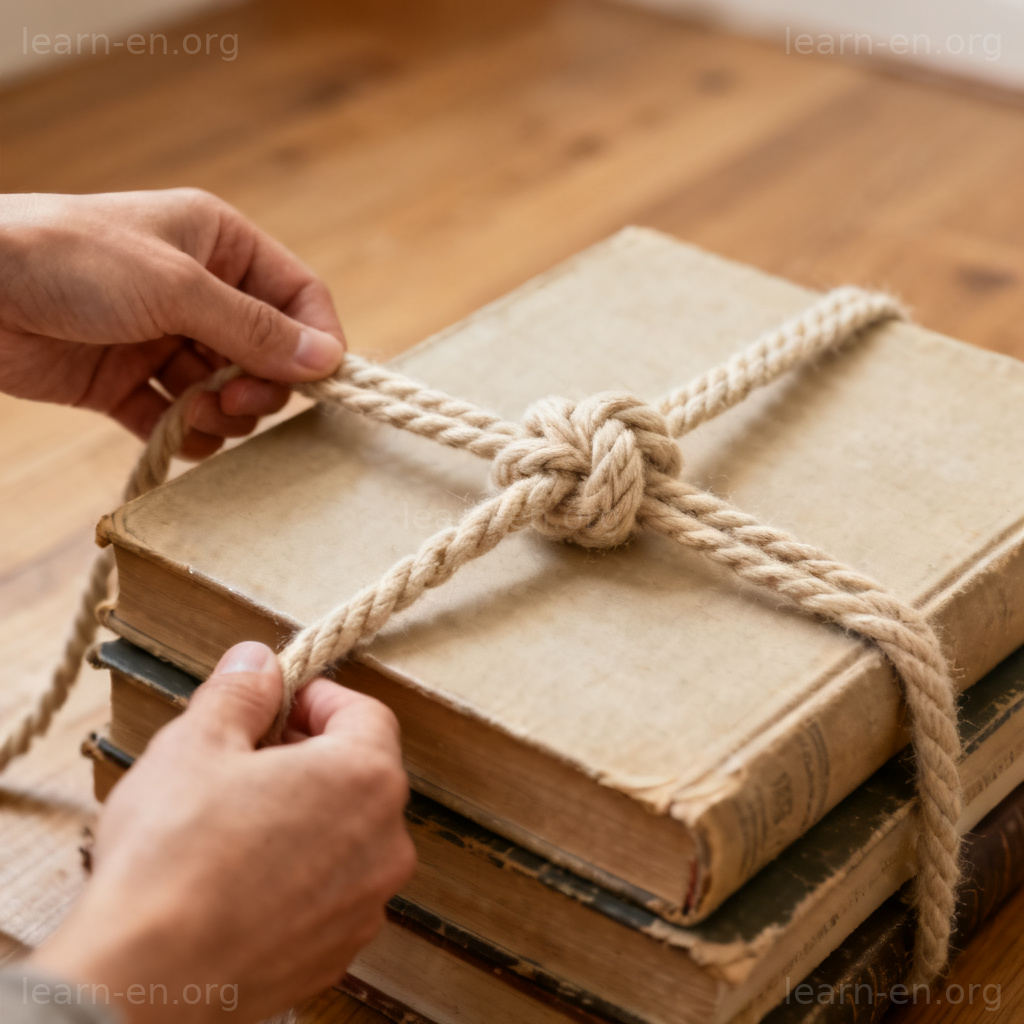Cord definition example: hands tying a knot with thick beige cord around books.